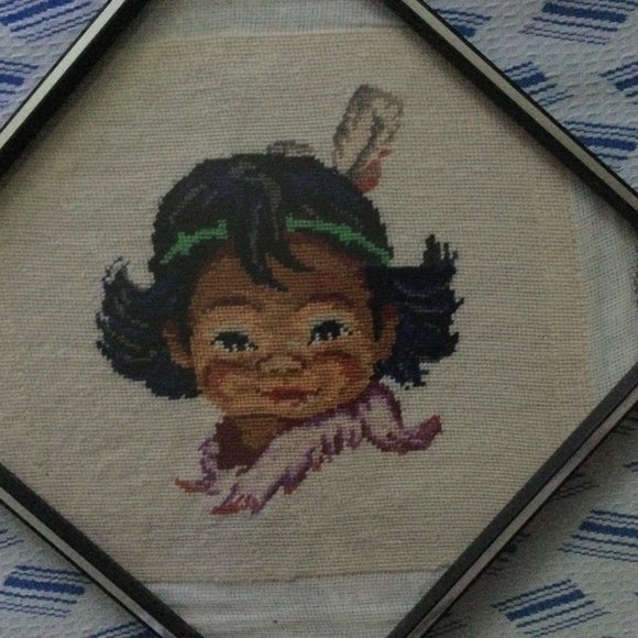 Vintage Native American boy cross-stitch embroidery square frame ba - Picture 3 of 7